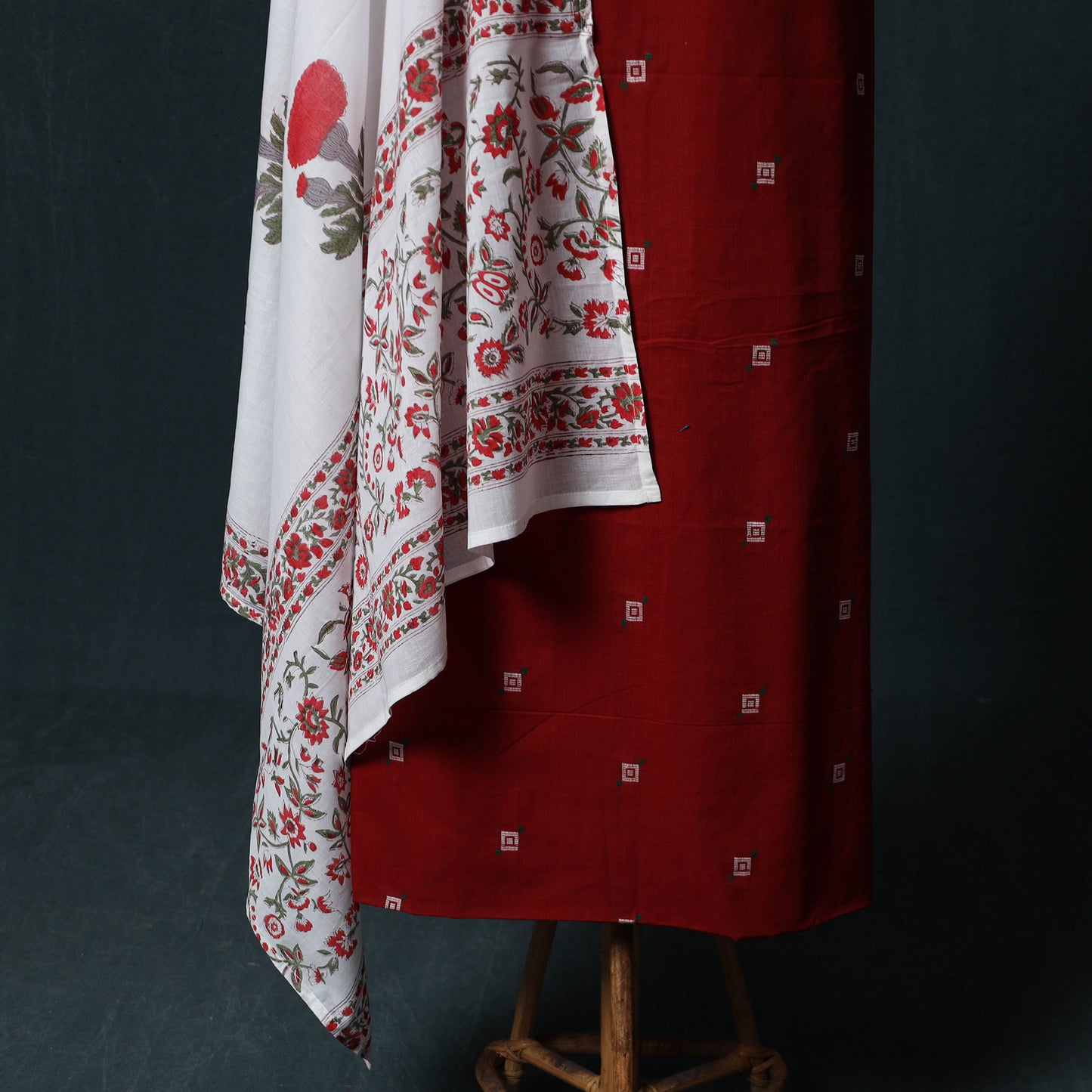 Maroon - Jacquard Woven 2pc Cotton Unstitched Dress Material Kurta Set with Jewellery 20