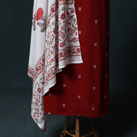 Maroon - Jacquard Woven 2pc Cotton Unstitched Dress Material Kurta Set with Jewellery 20