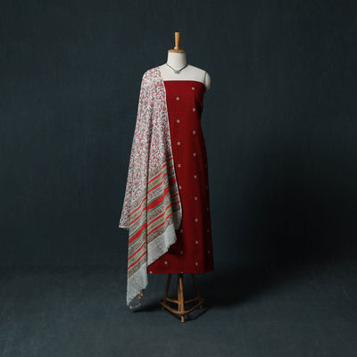 Maroon - Jacquard Woven 2pc Cotton Unstitched Dress Material Kurta Set with Jewellery 21