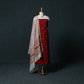 Maroon - Jacquard Woven 2pc Cotton Unstitched Dress Material Kurta Set with Jewellery 21