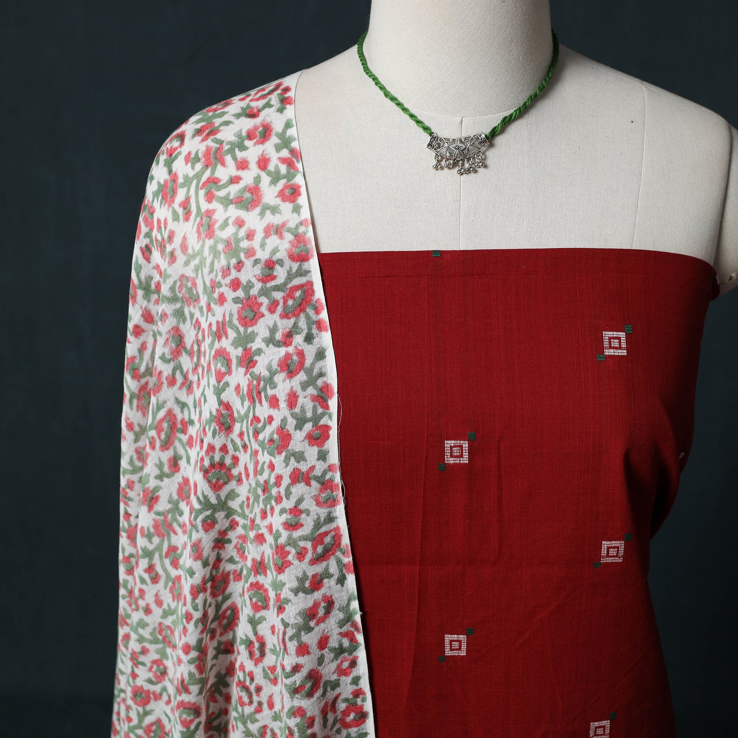Maroon - Jacquard Woven 2pc Cotton Unstitched Dress Material Kurta Set with Jewellery 21