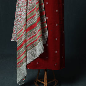 Maroon - Jacquard Woven 2pc Cotton Unstitched Dress Material Kurta Set with Jewellery 21