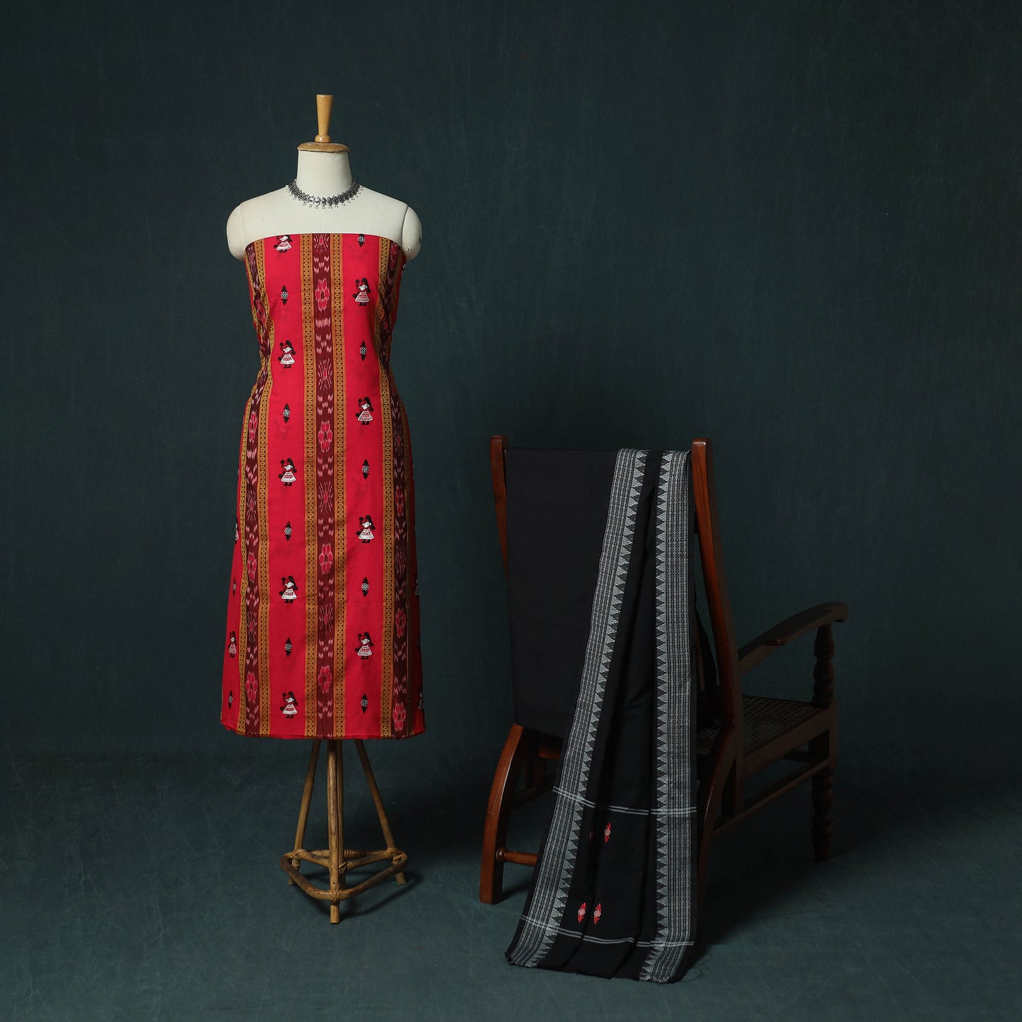 Red - Sambalpuri Ikat Embroidered Cotton 3pc Unstitched Dress Material Suit Set 06