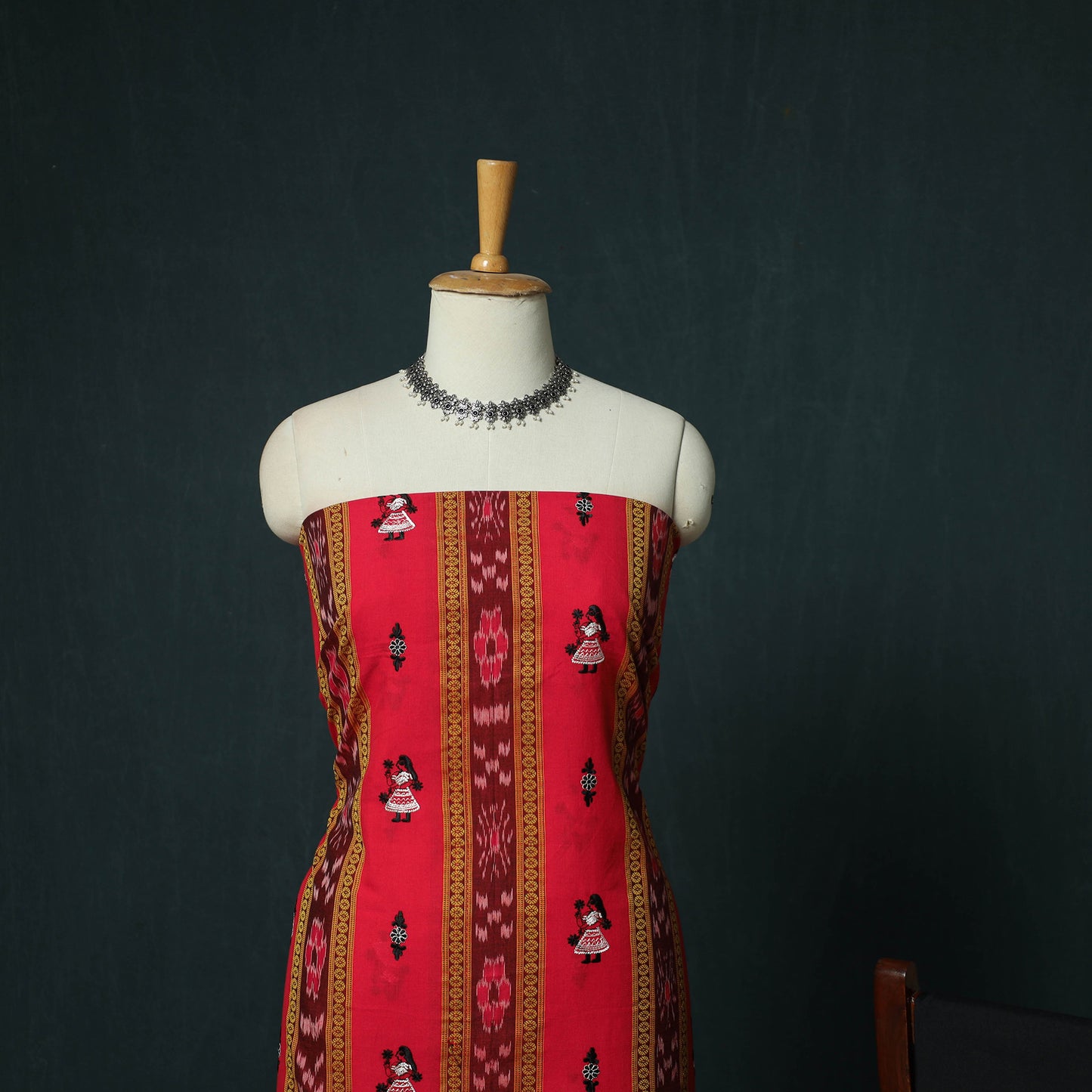 Red - Sambalpuri Ikat Embroidered Cotton 3pc Unstitched Dress Material Suit Set 06