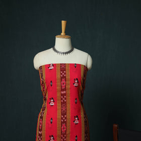 Red - Sambalpuri Ikat Embroidered Cotton 3pc Unstitched Dress Material Suit Set 06