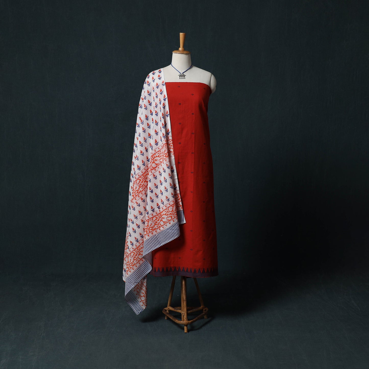Red - Jacquard Woven 2pc Cotton Unstitched Dress Material Kurta Set with Jewellery 22