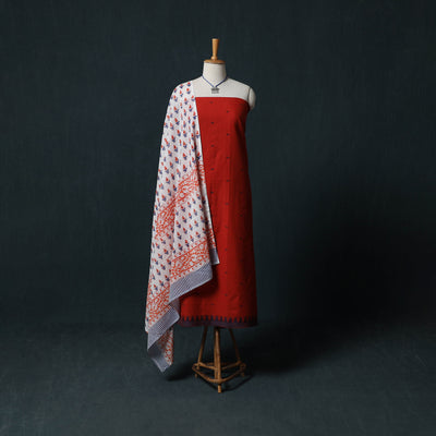 Red - Jacquard Woven 2pc Cotton Unstitched Dress Material Kurta Set with Jewellery 22