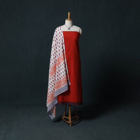 Red - Jacquard Woven 2pc Cotton Unstitched Dress Material Kurta Set with Jewellery 22