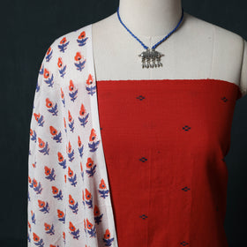 Red - Jacquard Woven 2pc Cotton Unstitched Dress Material Kurta Set with Jewellery 22