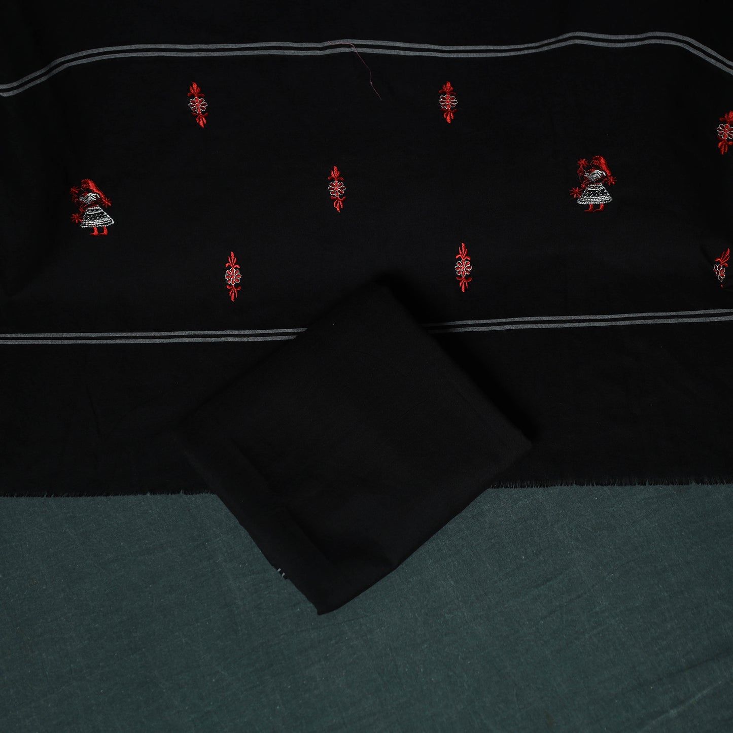 Red - Sambalpuri Ikat Embroidered Cotton 3pc Unstitched Dress Material Suit Set 06
