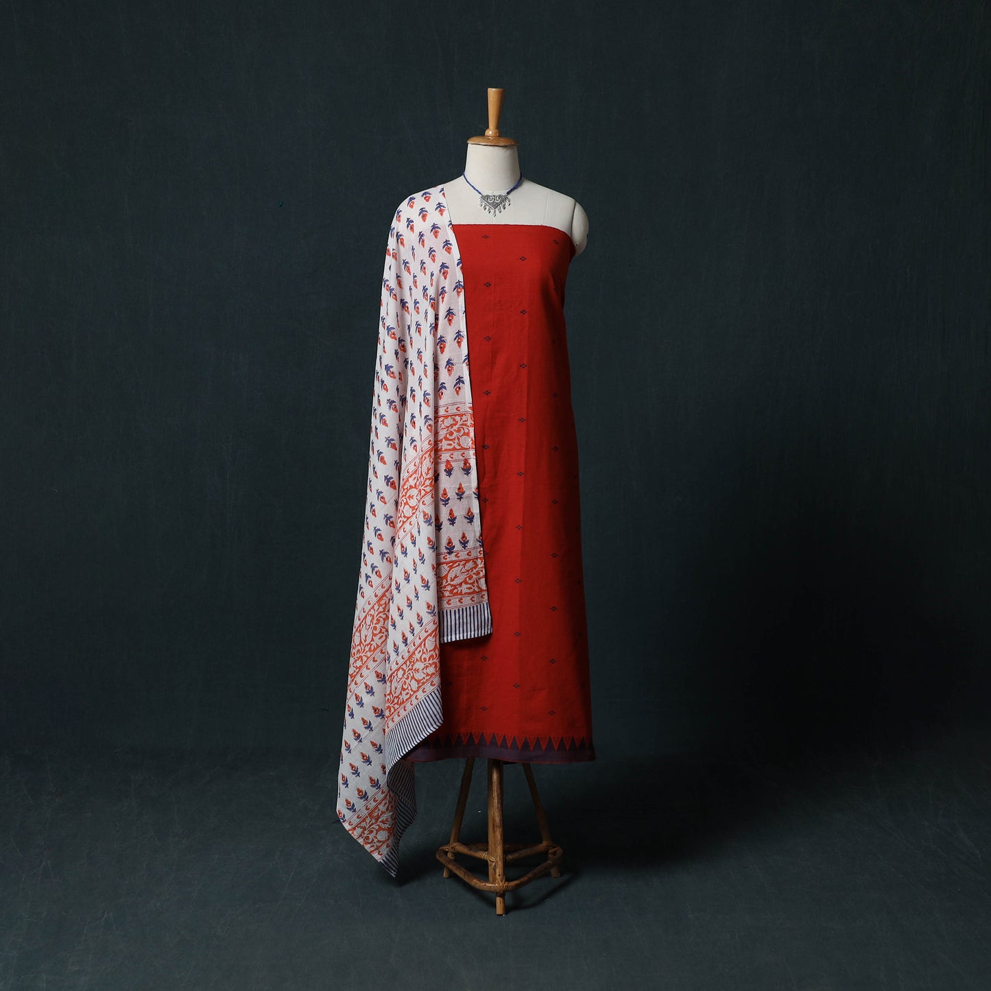 Red - Jacquard Woven 2pc Cotton Unstitched Dress Material Kurta Set with Jewellery 23