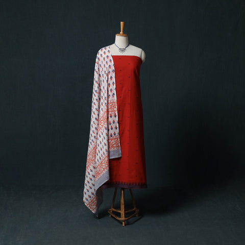 Red - Jacquard Woven 2pc Cotton Unstitched Dress Material Kurta Set with Jewellery 23