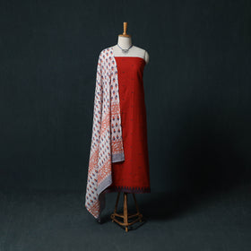 Red - Jacquard Woven 2pc Cotton Unstitched Dress Material Kurta Set with Jewellery 23
