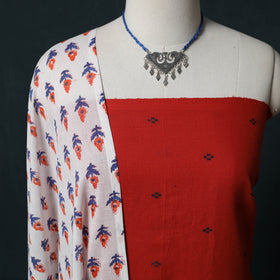 Red - Jacquard Woven 2pc Cotton Unstitched Dress Material Kurta Set with Jewellery 23