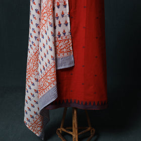 Red - Jacquard Woven 2pc Cotton Unstitched Dress Material Kurta Set with Jewellery 23