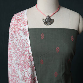 Grey - Jacquard Woven 2pc Cotton Unstitched Dress Material Kurta Set with Jewellery 24