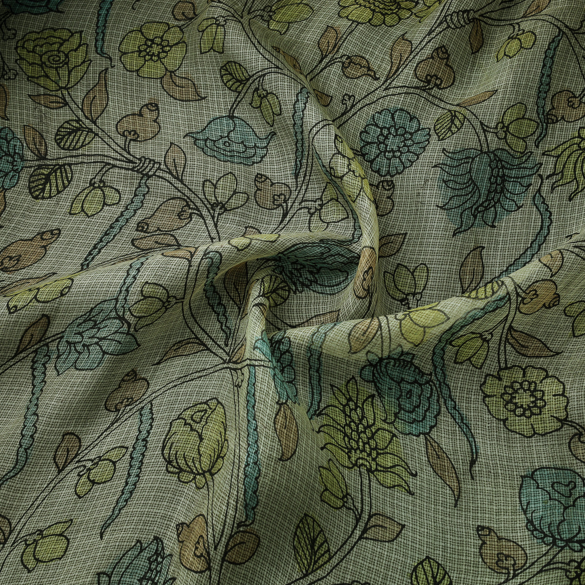 Handpainted Srikalahasti Pen Work Natural Dyed Kalamkari Kota Doria Silk Fabric 06