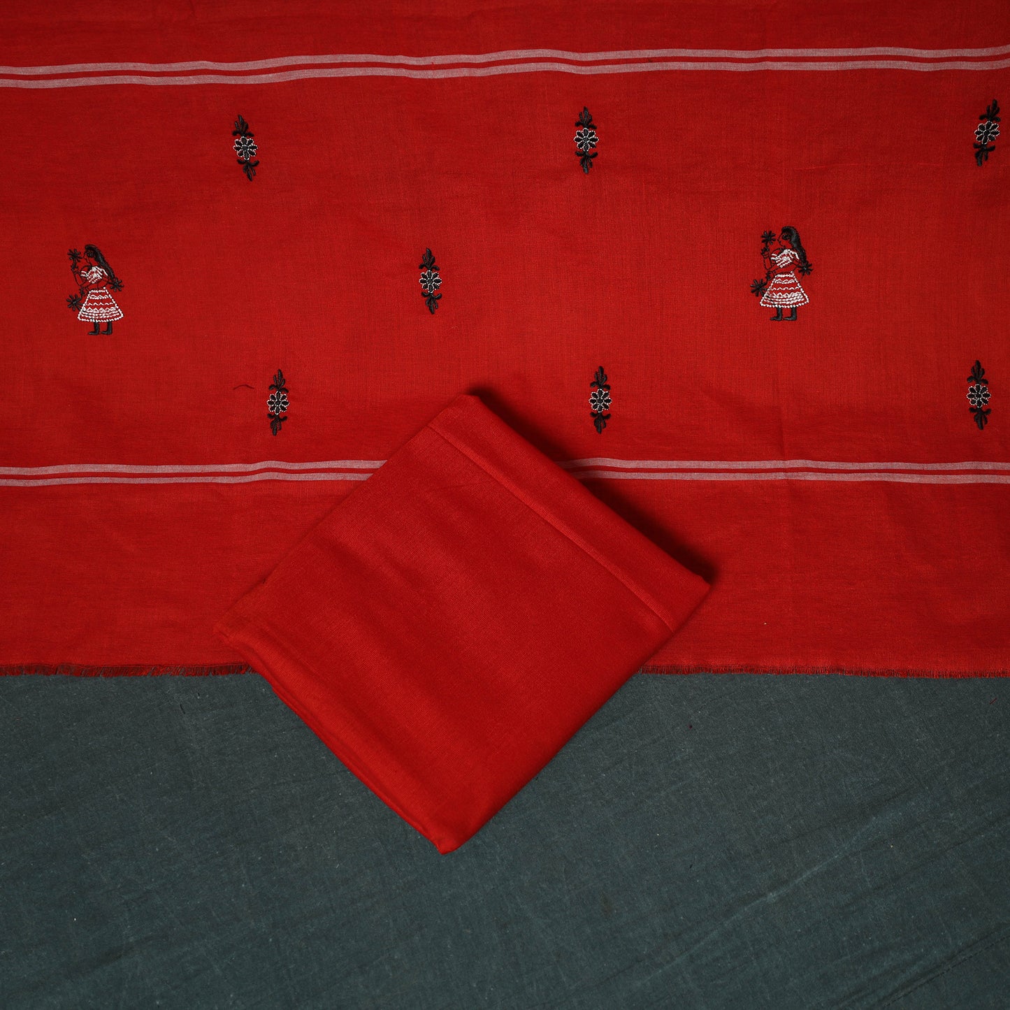 Black - Sambalpuri Ikat Embroidered Cotton 3pc Unstitched Dress Material Suit Set 01