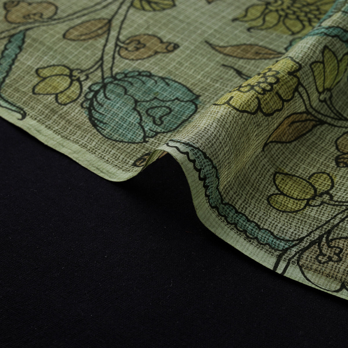 Handpainted Srikalahasti Pen Work Natural Dyed Kalamkari Kota Doria Silk Fabric 06