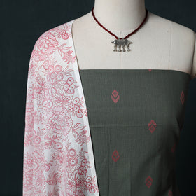 Grey - Jacquard Woven 2pc Cotton Unstitched Dress Material Kurta Set with Jewellery 25