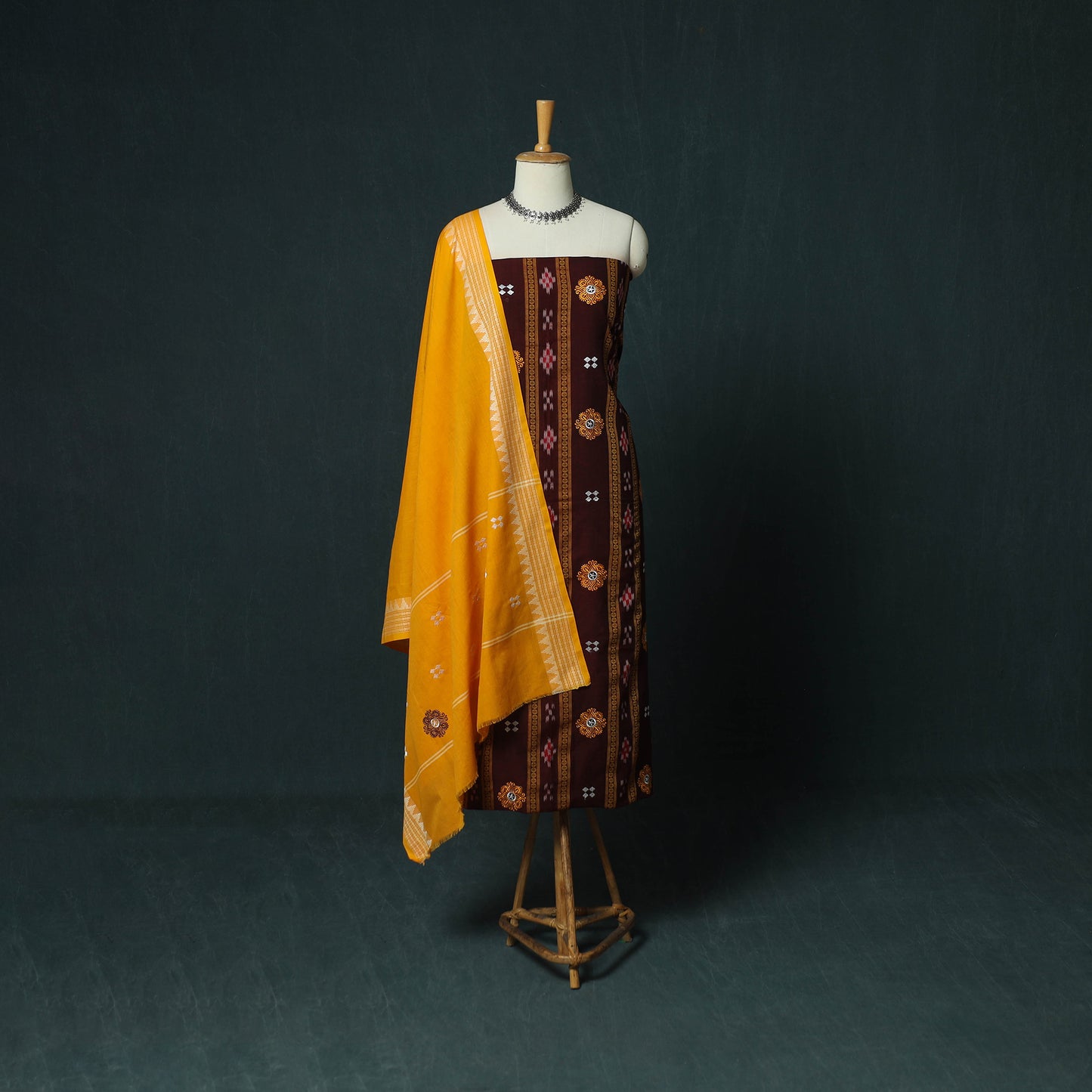 Sambalpuri Ikat Embroidered Cotton 3pc Unstitched Dress Material Suit Set 02