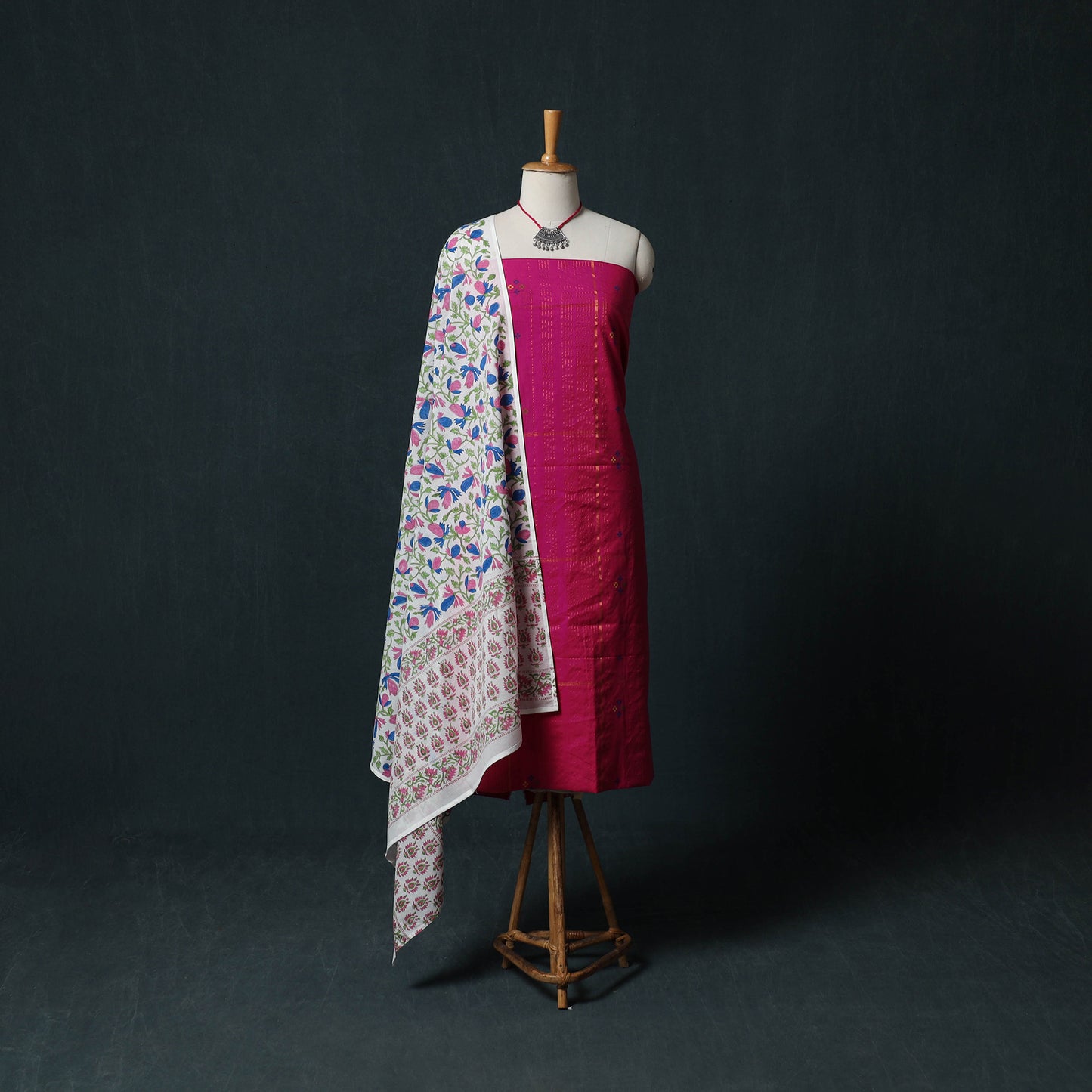 Pink - Jacquard Woven 2pc Cotton Unstitched Dress Material Kurta Set with Jewellery 26