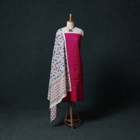 Pink - Jacquard Woven 2pc Cotton Unstitched Dress Material Kurta Set with Jewellery 26