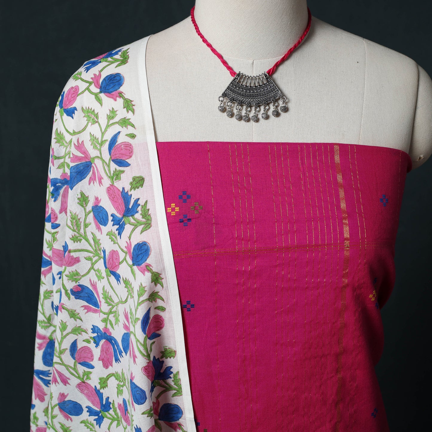 Pink - Jacquard Woven 2pc Cotton Unstitched Dress Material Kurta Set with Jewellery 26