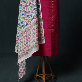 Pink - Jacquard Woven 2pc Cotton Unstitched Dress Material Kurta Set with Jewellery 26