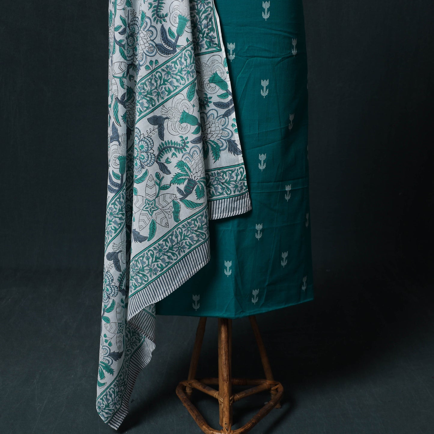 Blue - Jacquard Woven 2pc Cotton Unstitched Dress Material Kurta Set with Jewellery 27