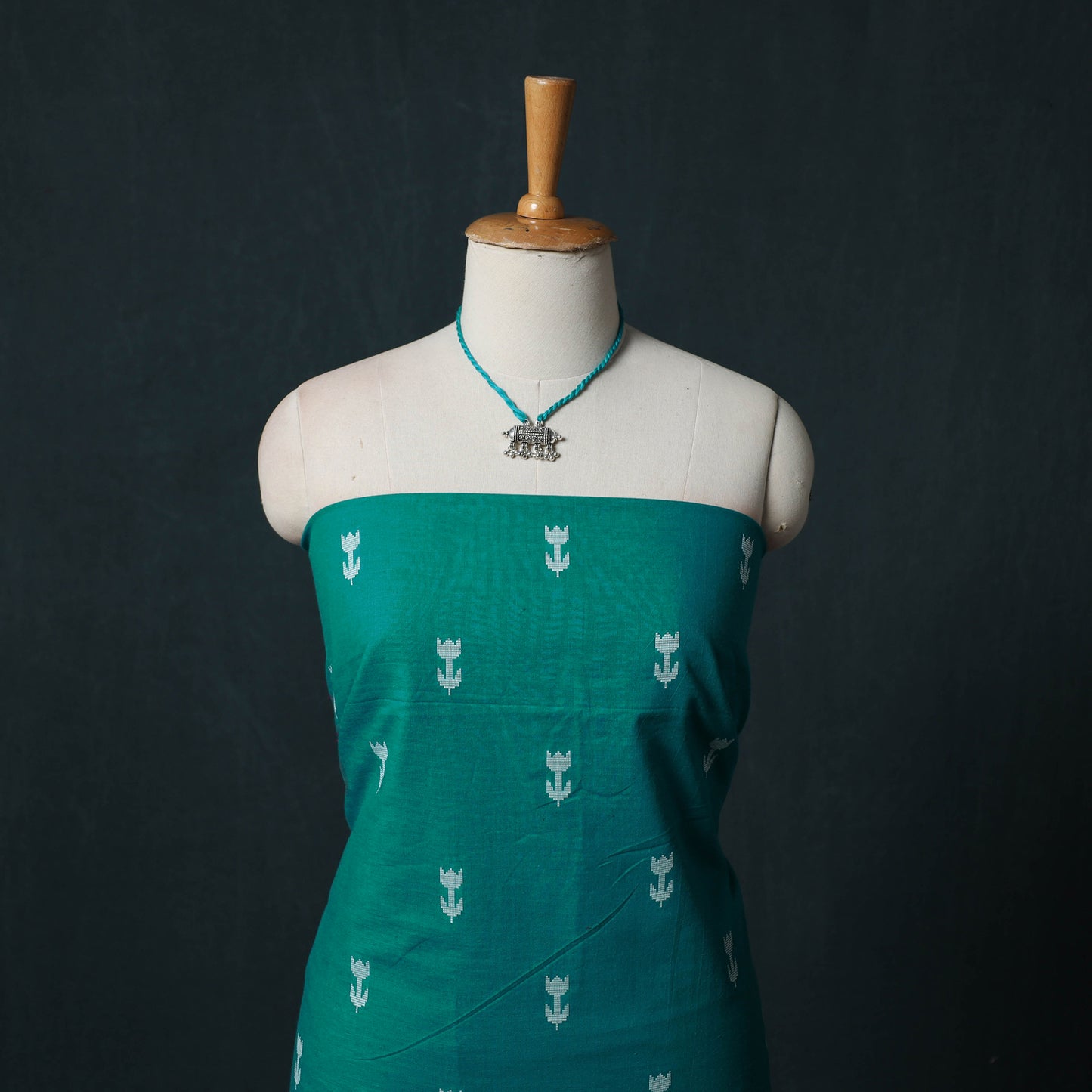 Blue - Jacquard Woven 2pc Cotton Unstitched Dress Material Kurta Set with Jewellery 27