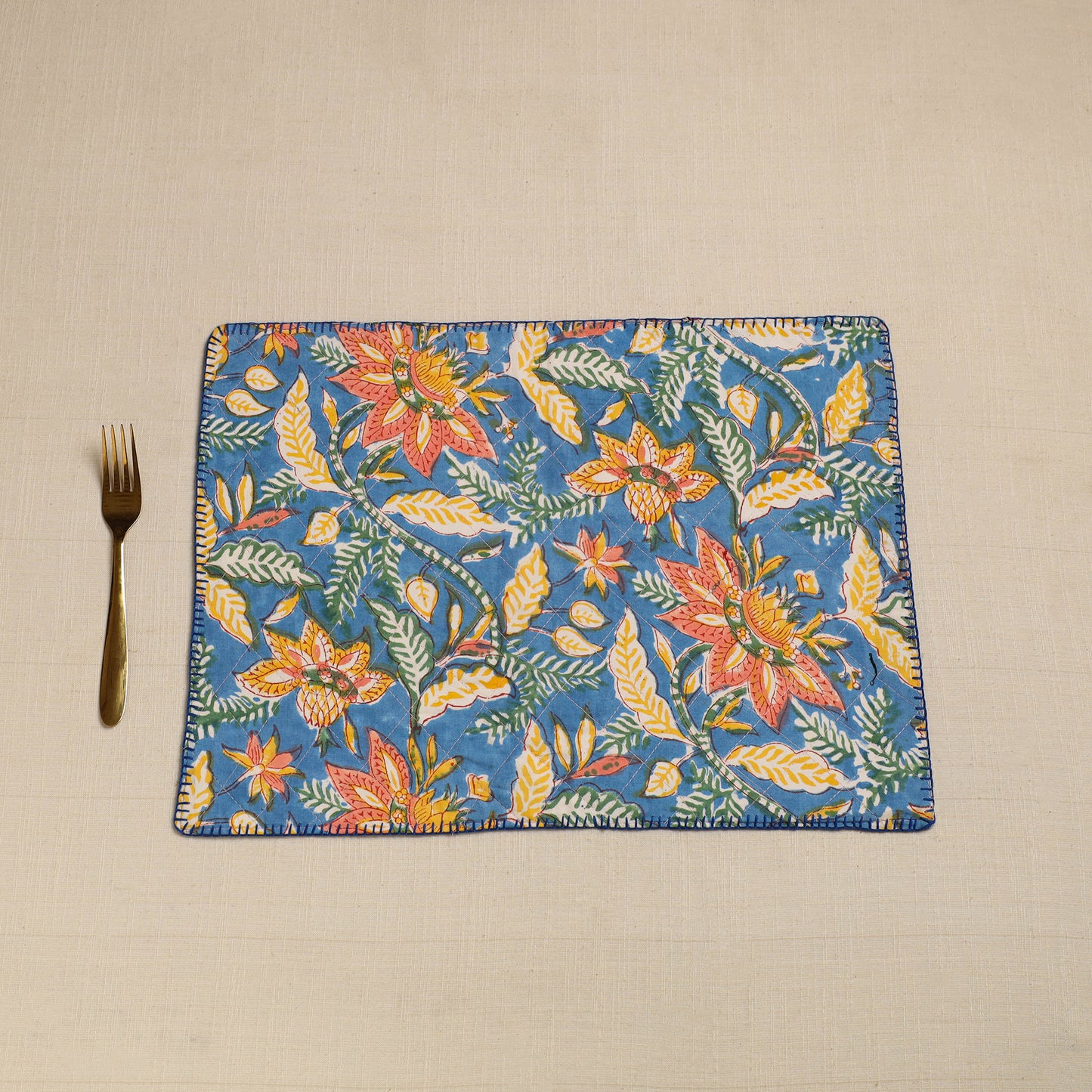 Blue - Hand Embroidered Floral Cotton Reversible Table Mat 47