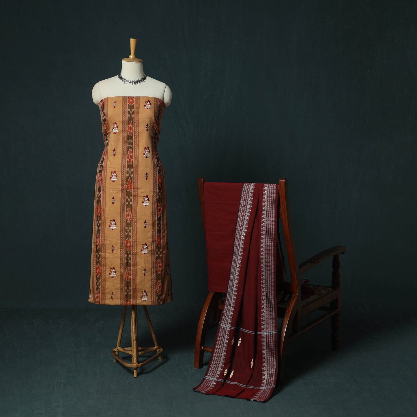 Sambalpuri Ikat Embroidered Cotton 3pc Unstitched Dress Material Suit Set 07