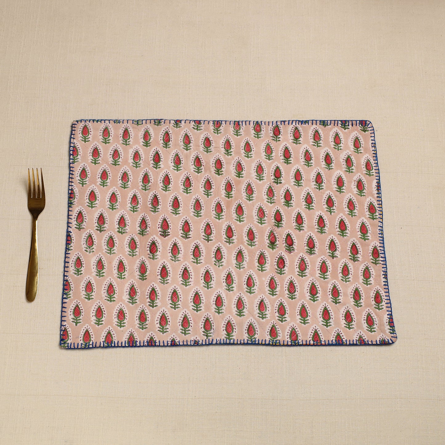 Blue - Hand Embroidered Floral Cotton Reversible Table Mat 47