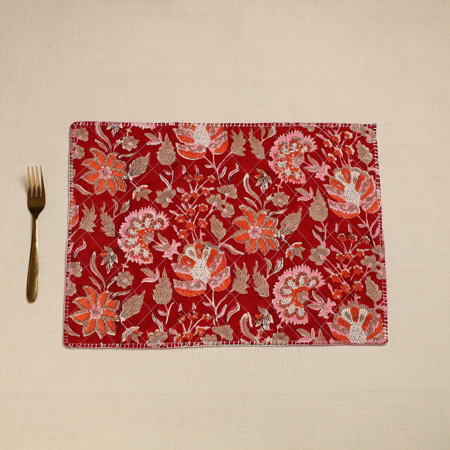 Red - Hand Embroidered Floral Cotton Reversible Table Mat 48