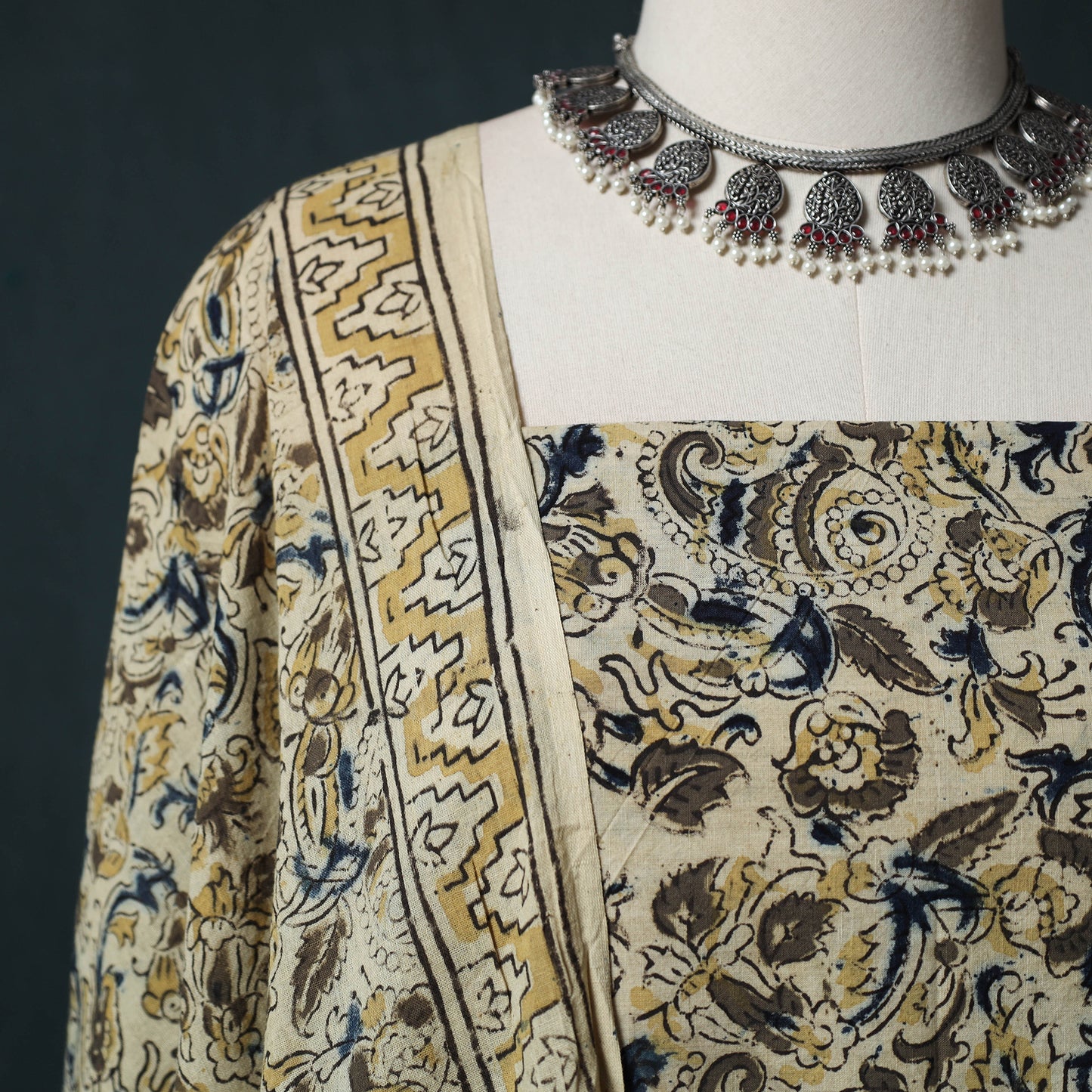 Beige - Kalamkari Hand Block Print Natural Dyed Cotton 2pc Unstitched Dress Material Kurta Set 16