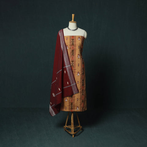 Sambalpuri Ikat Embroidered Cotton 3pc Unstitched Dress Material Suit Set 07