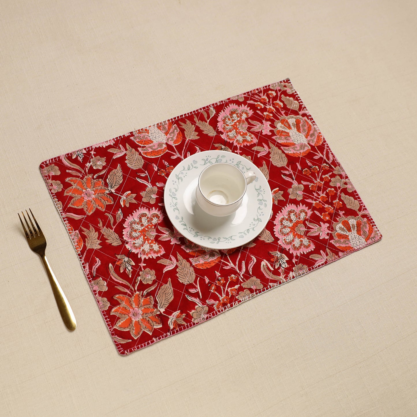 Red - Hand Embroidered Floral Cotton Reversible Table Mat 48