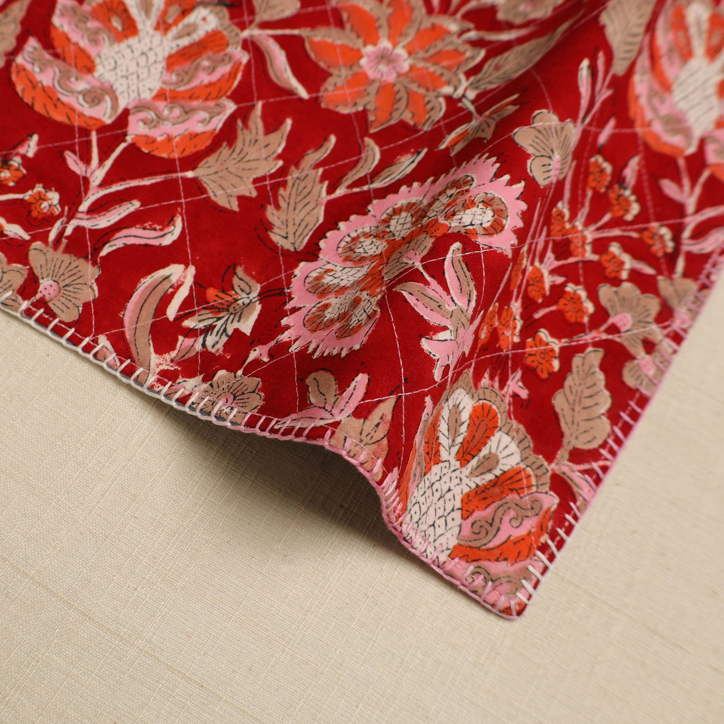 Red - Hand Embroidered Floral Cotton Reversible Table Mat 48