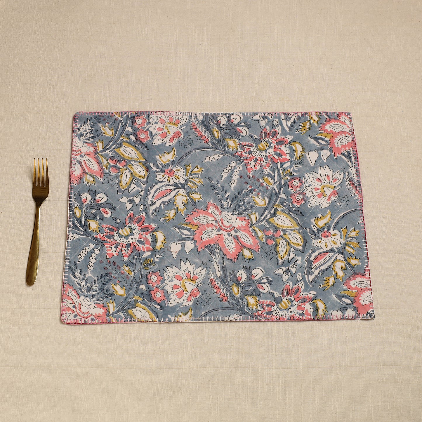 Red - Hand Embroidered Floral Cotton Reversible Table Mat 48