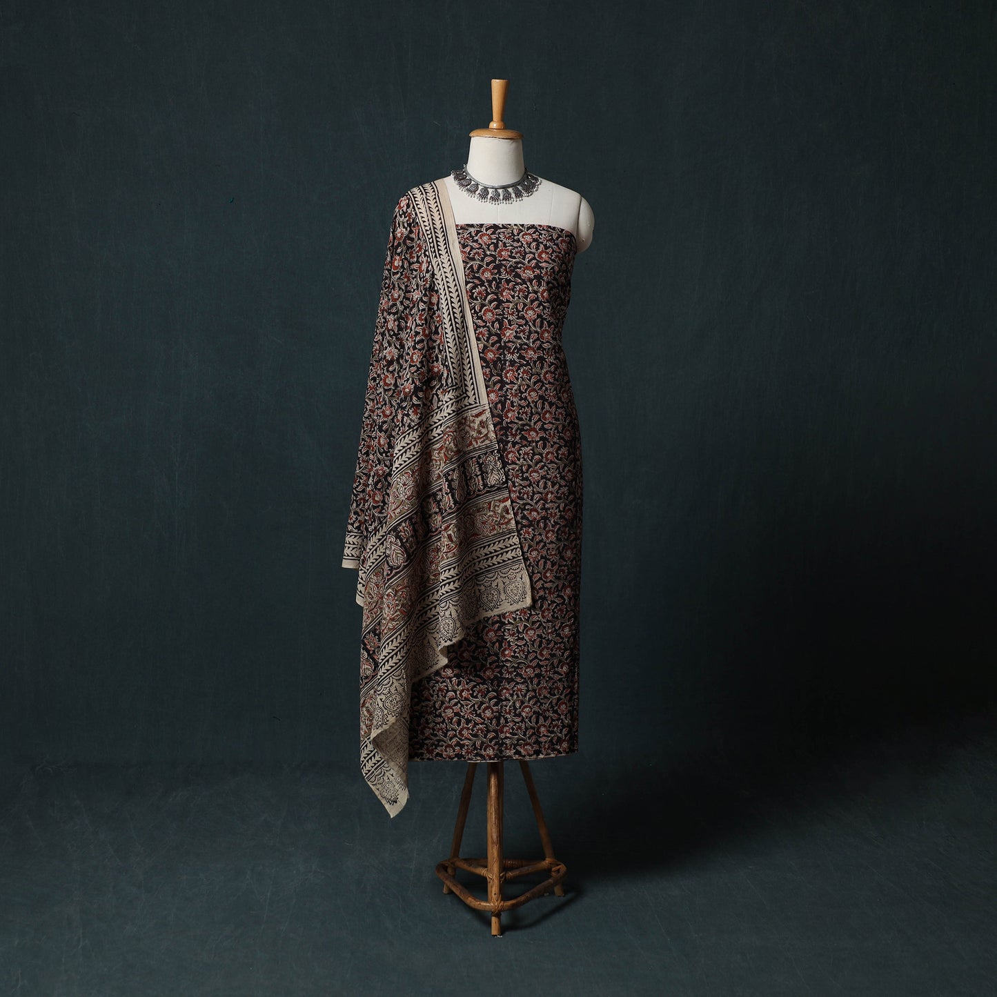 Black - Kalamkari Hand Block Print Natural Dyed Cotton 2pc Unstitched Dress Material Kurta Set 17