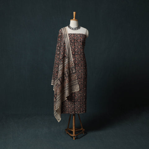Black - Kalamkari Hand Block Print Natural Dyed Cotton 2pc Unstitched Dress Material Kurta Set 17