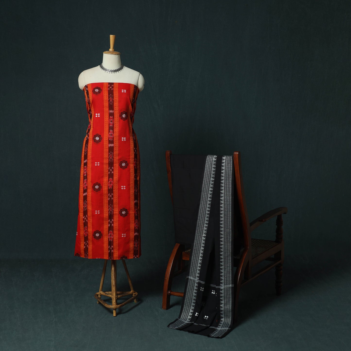 Sambalpuri Ikat Embroidered Cotton 3pc Unstitched Dress Material Suit Set 08