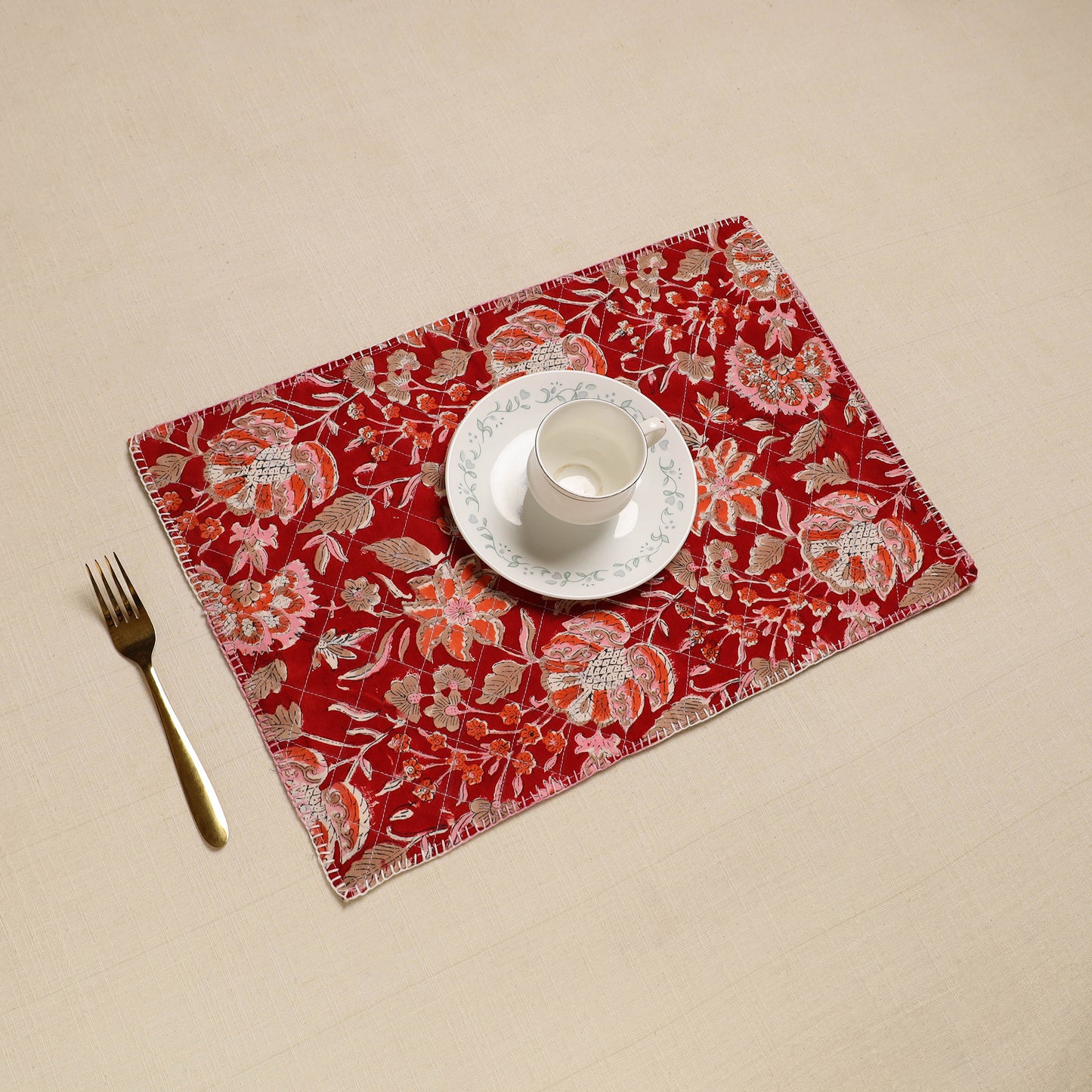 Red - Hand Embroidered Floral Cotton Reversible Table Mat 49