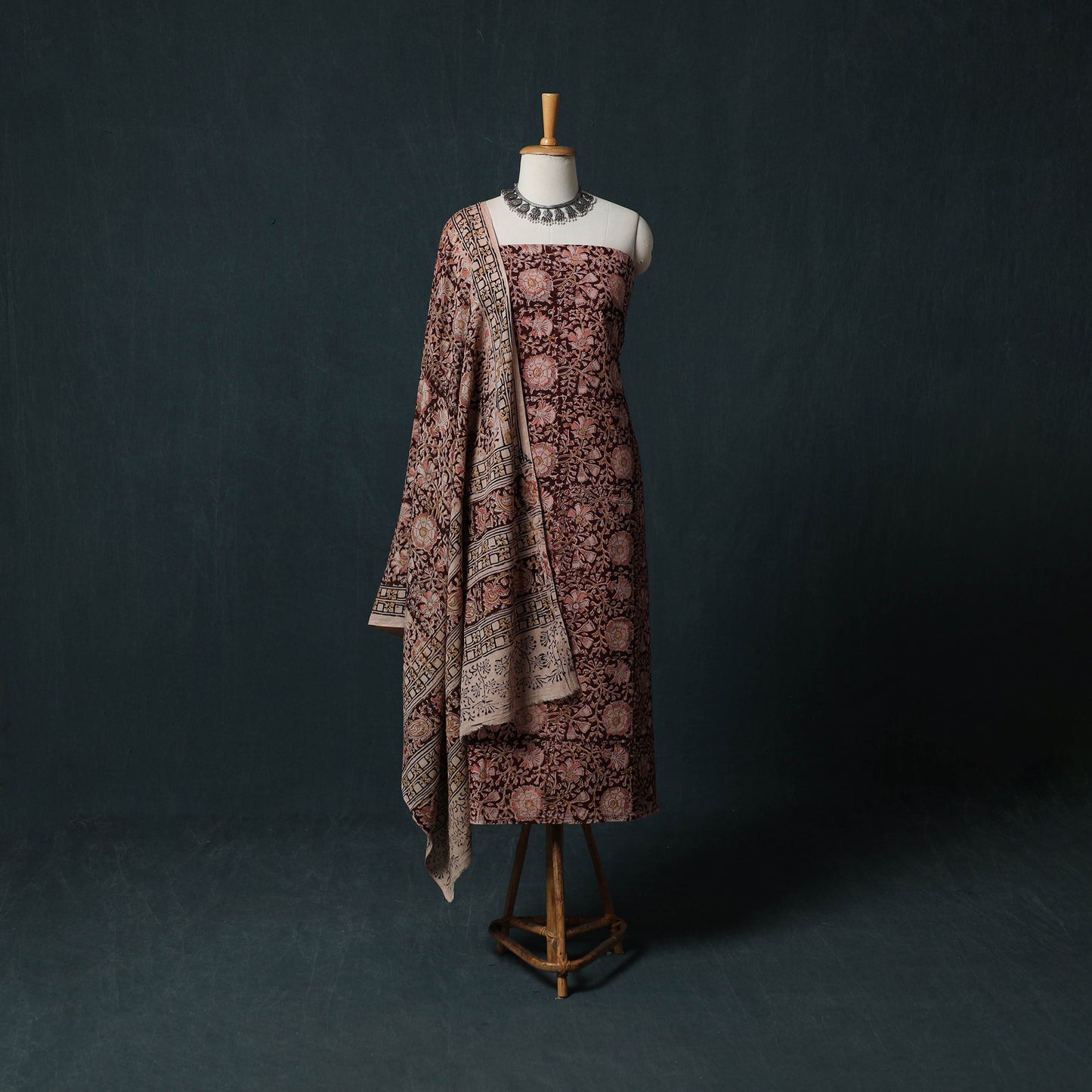 Brown - Kalamkari Hand Block Print Natural Dyed Cotton 2pc Unstitched Dress Material Kurta Set 18