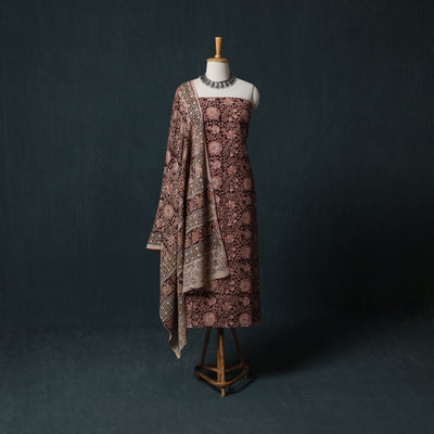 Brown - Kalamkari Hand Block Print Natural Dyed Cotton 2pc Unstitched Dress Material Kurta Set 18