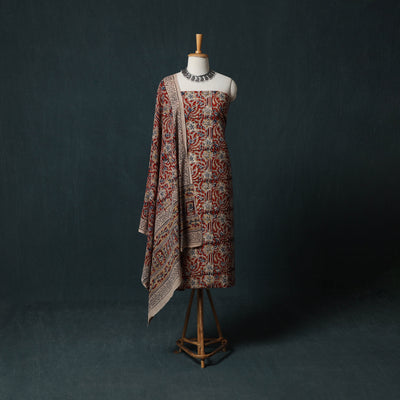 Red - Kalamkari Hand Block Print Natural Dyed Cotton 2pc Unstitched Dress Material Kurta Set 19