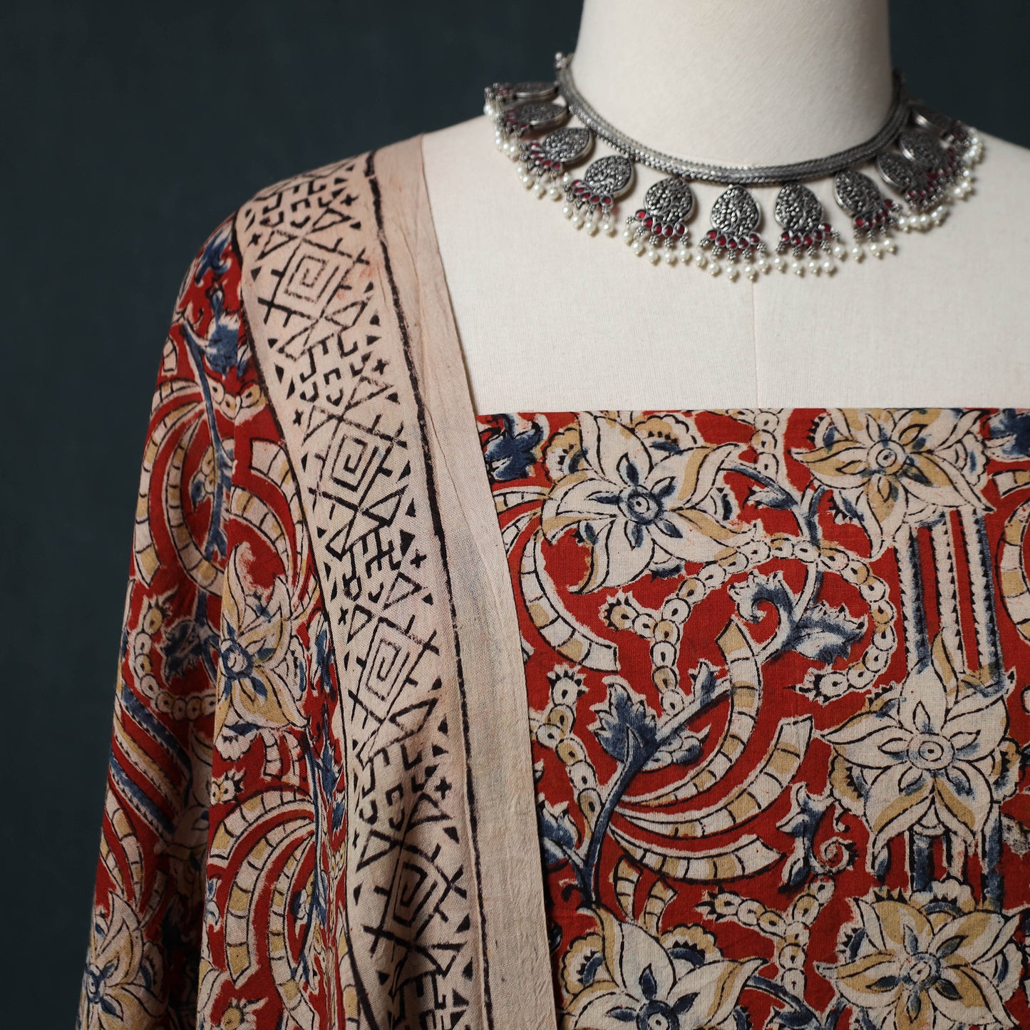 Red - Kalamkari Hand Block Print Natural Dyed Cotton 2pc Unstitched Dress Material Kurta Set 19