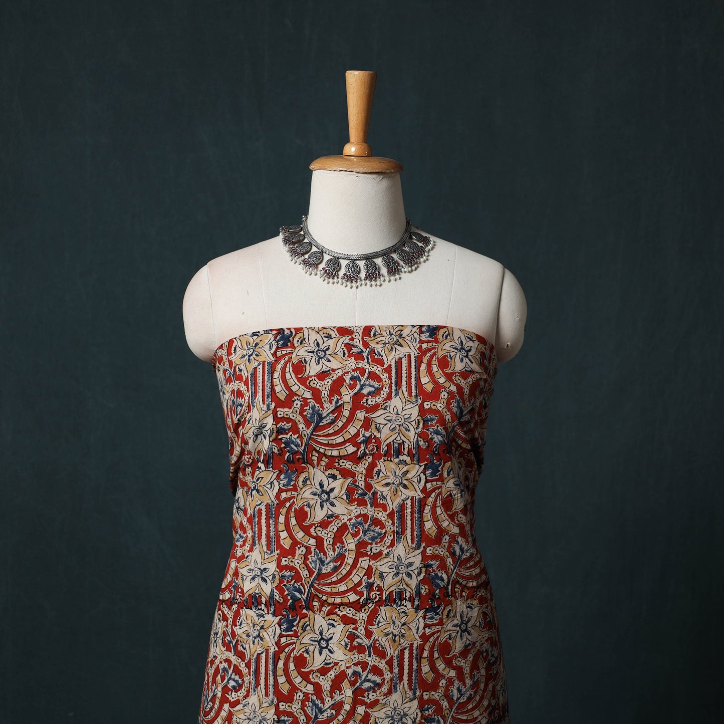 Red - Kalamkari Hand Block Print Natural Dyed Cotton 2pc Unstitched Dress Material Kurta Set 19