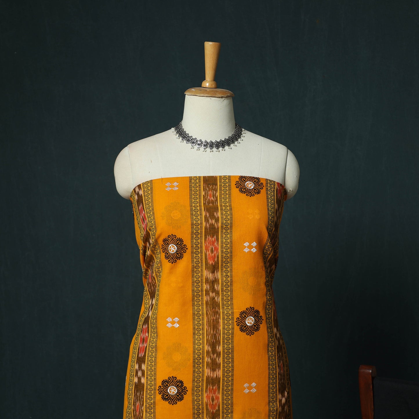 Yellow - Sambalpuri Ikat Embroidered Cotton 3pc Unstitched Dress Material Suit Set 10